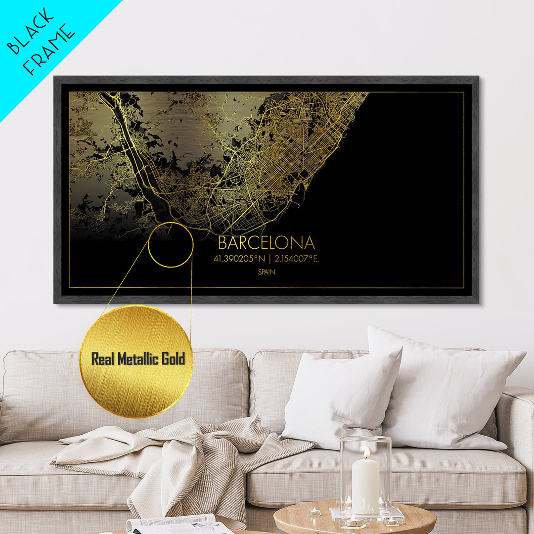 Barcelona Spain City street map, Metallic Gold Print, Metal Art, wood framed map, black and gold, Gold Street Map Art, Street Map Art, Modern House Art