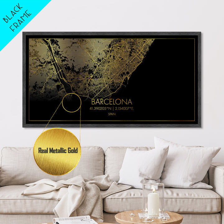 Barcelona Spain City street map, Metallic Gold Print, Metal Art, wood framed map, black and gold, Gold Street Map Art, Street Map Art, Modern House Art