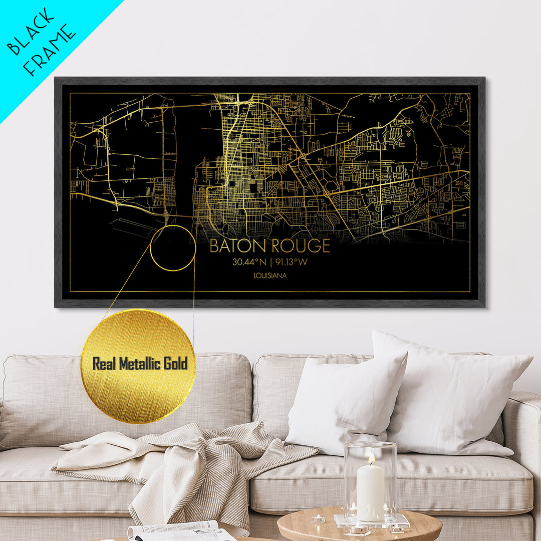 Baton Rouge Louisiana City Poster, Metallic Gold Art, Metal Art, real wood frames, black and gold, Map Print Poster, Travel Poster, Housewarming Gift