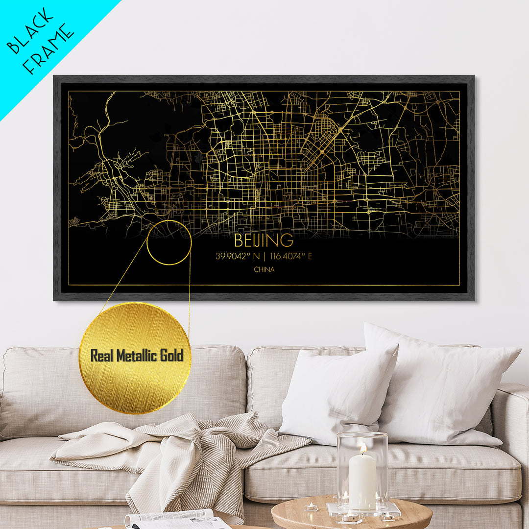 Beijing China City street map, Metallic Gold Print, Metal Art, wood framed map, black and gold, Street Map Art, Best Friend Gifts, Travel Poster