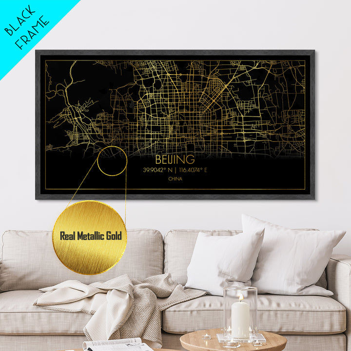 Beijing China City street map, Metallic Gold Print, Metal Art, wood framed map, black and gold, Street Map Art, Best Friend Gifts, Travel Poster