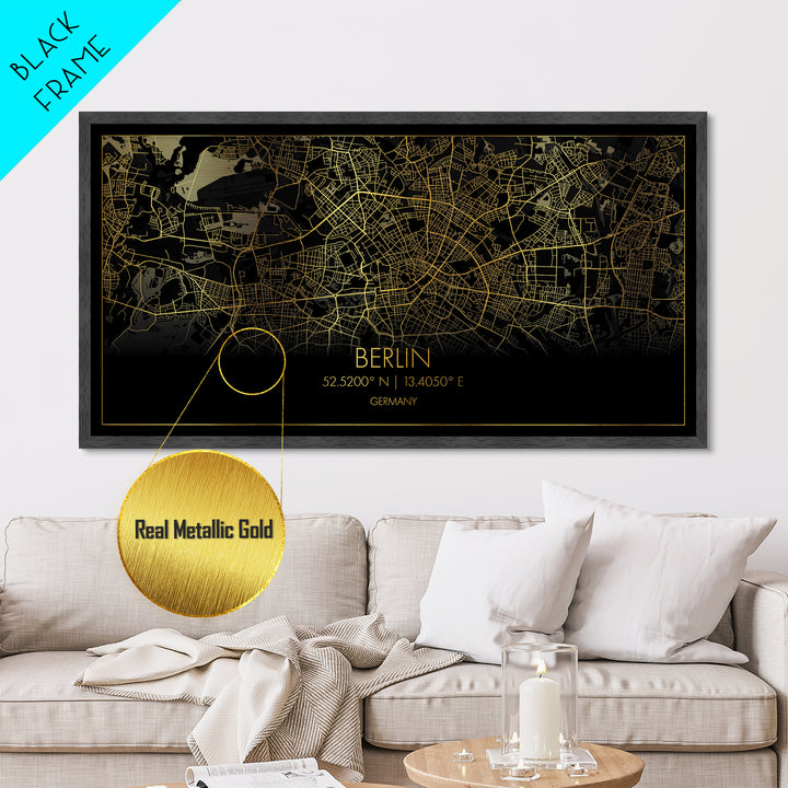 Berlin Germany City Poster, Metallic Gold Art, Metal Art, real wood frames, black and gold, Street Map Wall Art, Map Art, Real Wood Frames