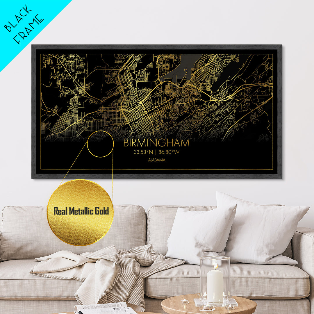 Birmingham Alabama City street map, Metallic Gold Print, Metal Art, wood framed map, black and gold, Travel Poster, Street Map Art, Housewarming Gift