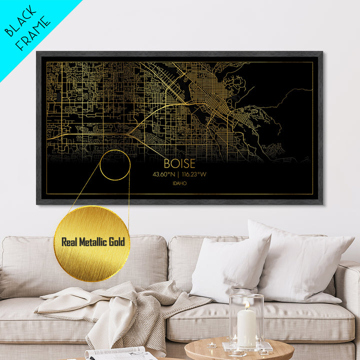 Boise Idaho City street map, Metallic Gold Print, Metal Art, wood framed map, black and gold, Map Art, Street Map Wall Art, College Dorm Décor