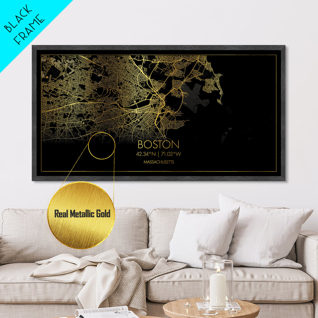 Boston Massachusetts City Poster, Metallic Gold Art, Metal Art, real wood frames, black and gold, Street Map Art, Modern Wall Art
