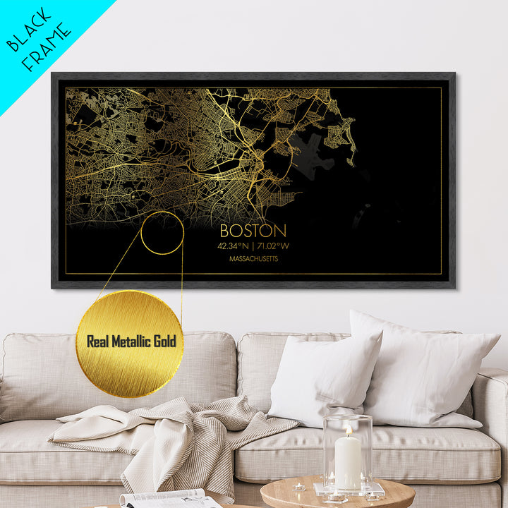 Boston Massachusetts City Poster, Metallic Gold Art, Metal Art, real wood frames, black and gold, Street Map Art, Modern Wall Art