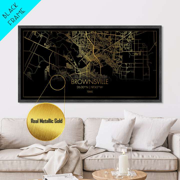 Brownsville Texas City street map, Metallic Gold Print, Metal Art, wood framed map, black and gold, Travel Poster, Street Map Art, Gold Street Map Art