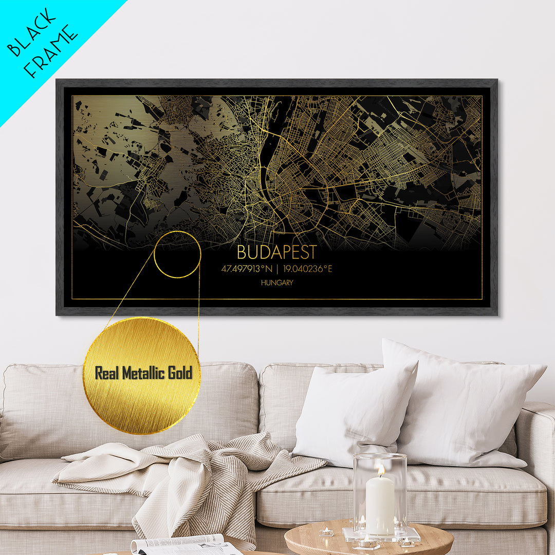 Budapest Hungary City Poster, Metallic Gold Art, Metal Art, real wood frames, black and gold, Street Map Wall Art, Real Wood Frames, Housewarming Gift