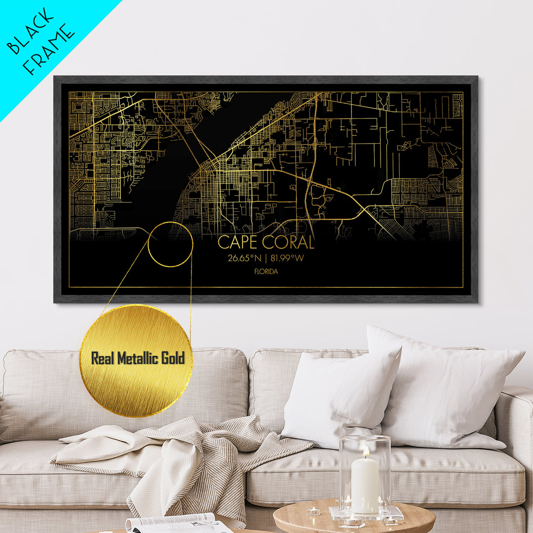 Cape Coral Florida City Poster, Metallic Gold Art, Metal Art, real wood frames, black and gold, Street Map Art, Map Print Poster, Travel Poster