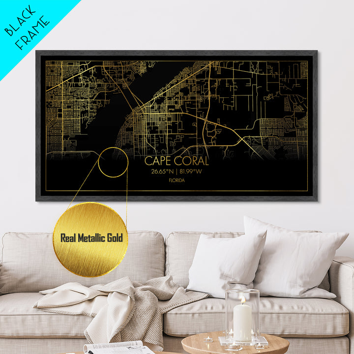 Cape Coral Florida City Poster, Metallic Gold Art, Metal Art, real wood frames, black and gold, Street Map Art, Map Print Poster, Travel Poster