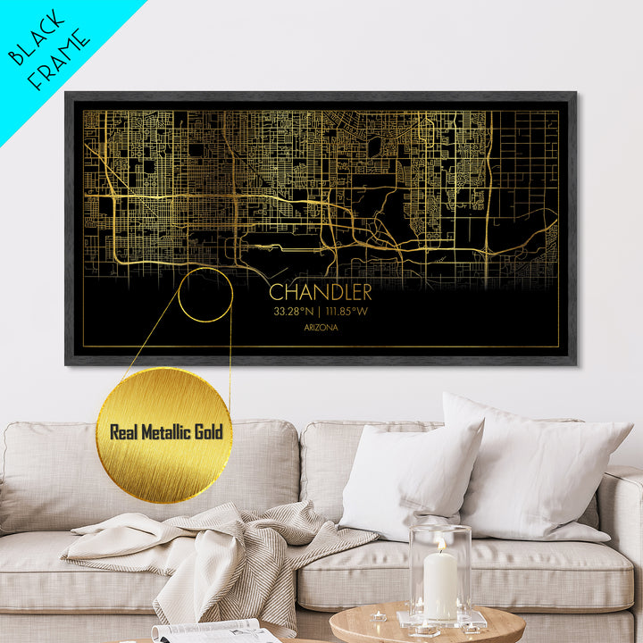 Chandler Arizona City street map, Metallic Gold Print, Metal Art, wood framed map, black and gold, Street Map Art, Housewarming Gift