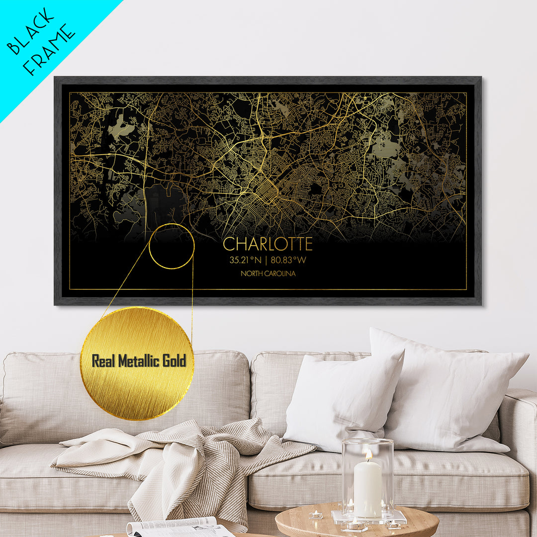 Charlotte North Carolina City Poster, Metallic Gold Art, Metal Art, real wood frames, black and gold, Street Map Wall Art, Gold Street Map Art