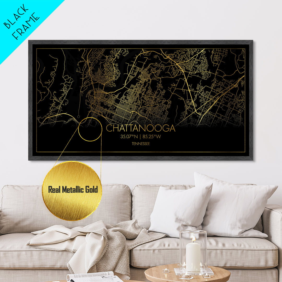 Chattanooga Tennessee City street map, Metallic Gold Print, Metal Art, wood framed map, black and gold, Modern Wall Art, Map Art, Travel Poster