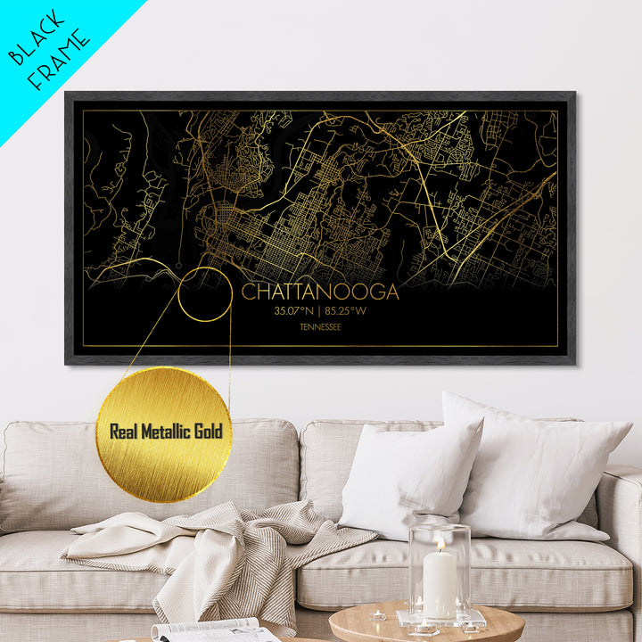 Chattanooga Tennessee City street map, Metallic Gold Print, Metal Art, wood framed map, black and gold, Modern Wall Art, Map Art, Travel Poster