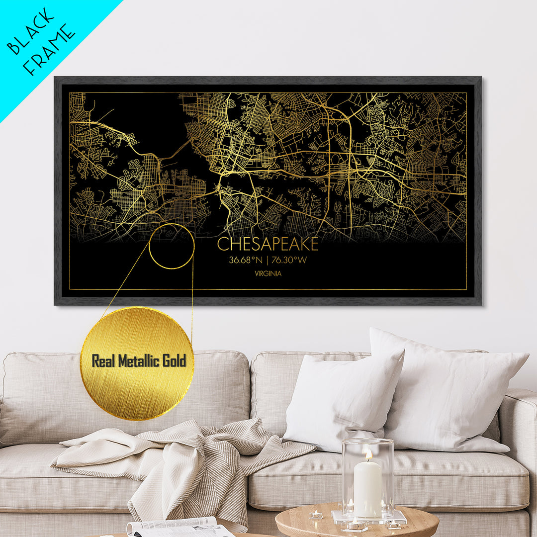 Chesapeake Virginia City Poster, Metallic Gold Art, Metal Art, real wood frames, black and gold, Street Map Art, Minimalist Wall Art, Office Decor