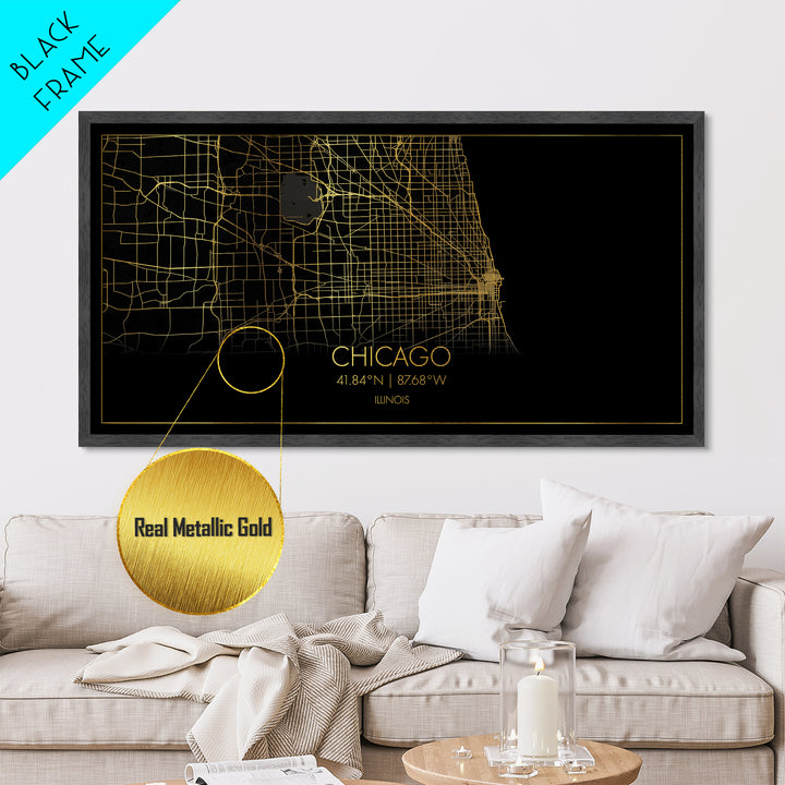 Chicago Illinois City street map, Metallic Gold Print, Metal Art, wood framed map, black and gold, Street Map Wall Art, College Dorm Décor