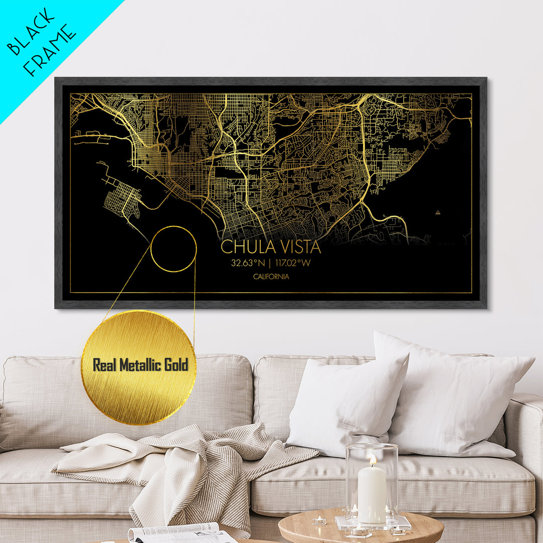 Chula Vista California City Poster, Metallic Gold Art, Metal Art, real wood frames, black and gold, Map Print Poster, Travel Poster, Modern House Art