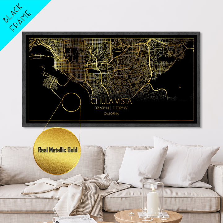Chula Vista California City Poster, Metallic Gold Art, Metal Art, real wood frames, black and gold, Map Print Poster, Travel Poster, Modern House Art