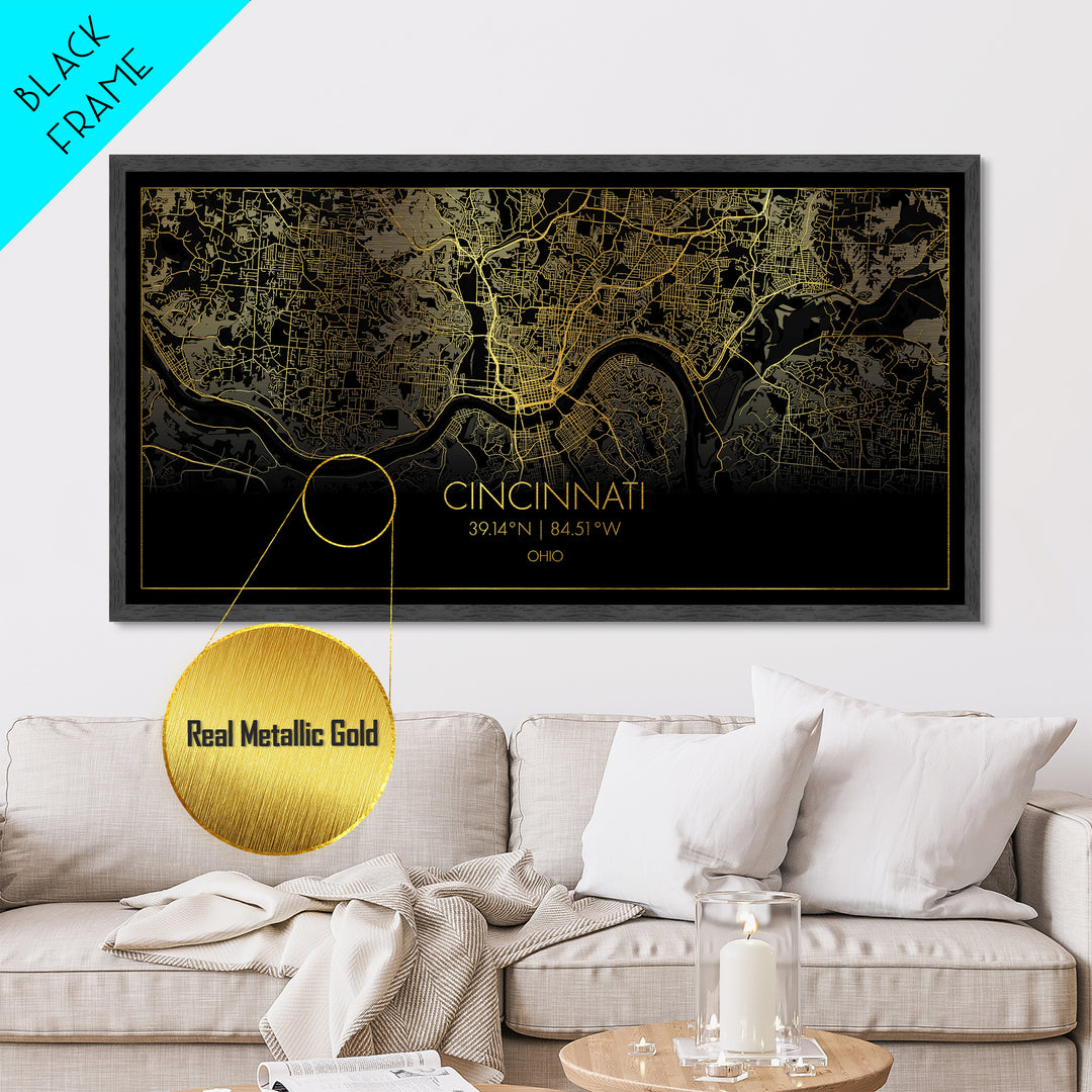 Cincinnati Ohio City street map, Metallic Gold Print, Metal Art, wood framed map, black and gold, Gold Street Map Art, Street Map Art, Best Friend Gifts