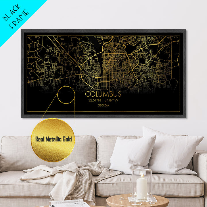 Columbus Georgia City street map, Metallic Gold Print, Metal Art, wood framed map, black and gold, Street Map Art, Housewarming Gift