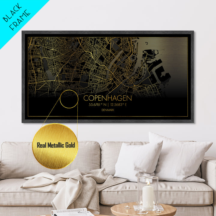 Copenhagen Denmark City street map, Metallic Gold Print, Metal Art, wood framed map, black and gold, Travel Poster, Street Map Art, Modern Wall Art
