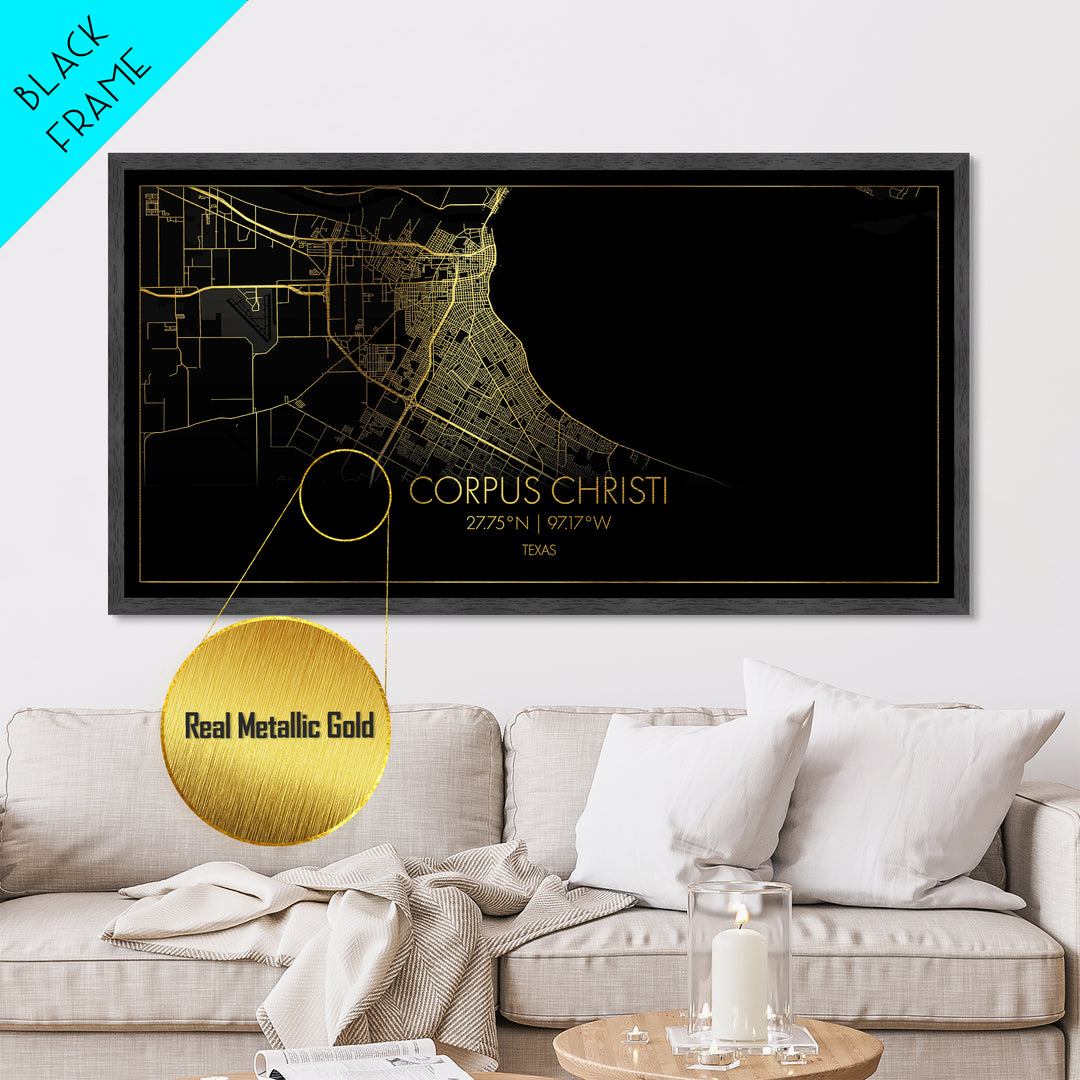 Corpus Christi Texas City Poster, Metallic Gold Art, Metal Art, real wood frames, black and gold, Street Map Art, Gold Street Map Art, Office Decor