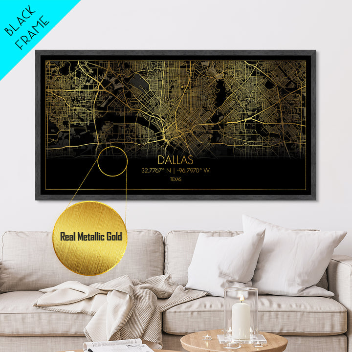 Dallas Texas City street map, Metallic Gold Print, Metal Art, wood framed map, black and gold, Street Map Wall Art, College Dorm Décor, Minimalist Wall Art