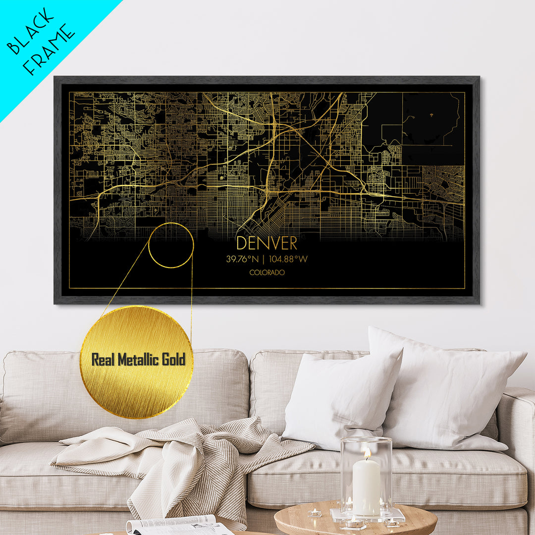 Denver Colorado City street map, Metallic Gold Print, Metal Art, wood framed map, black and gold, Street Map Art, Travel Poster, Modern House Art