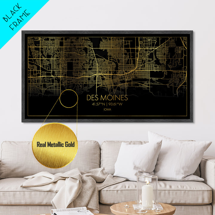 Des Moines Iowa City Poster, Metallic Gold Art, Metal Art, real wood frames, black and gold, Street Map Wall Art, Housewarming Gift, Map Art