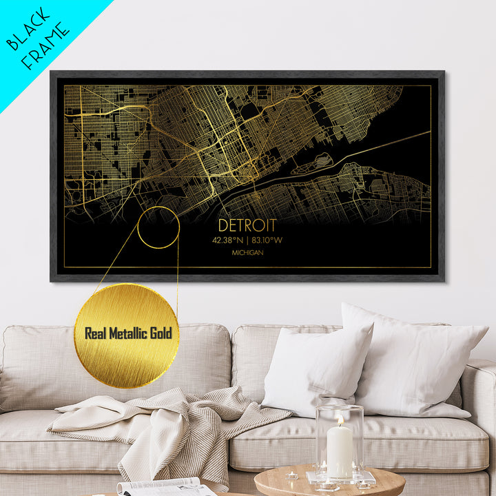 Detroit Michigan City street map, Metallic Gold Print, Metal Art, wood framed map, black and gold, Street Map Art, Map Print Poster