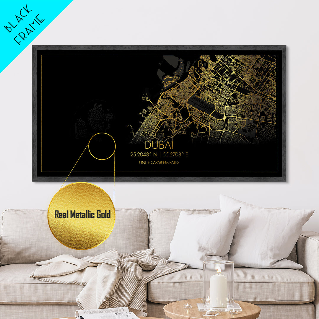 Dubai United Arab Emirates City Poster, Metallic Gold Art, Metal Art, real wood frames, black and gold, Street Map Art, Travel Poster, Gold Street Map Art