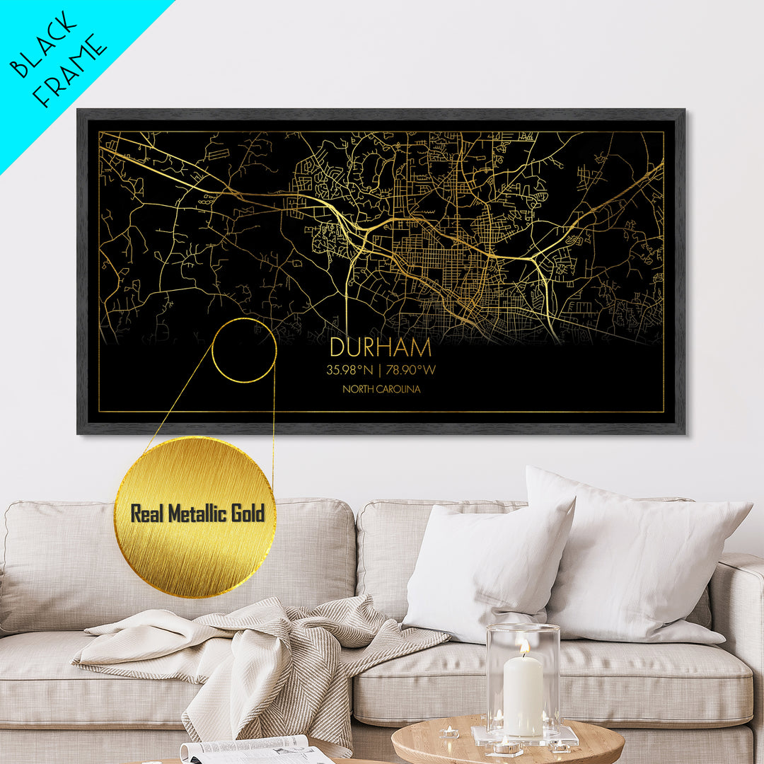 Durham North Carolina City Poster, Metallic Gold Art, Metal Art, real wood frames, black and gold, Street Map Art, Minimalist Wall Art, Office Decor