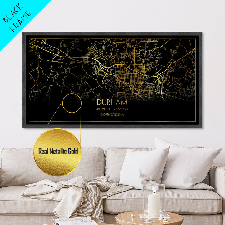 Durham North Carolina City Poster, Metallic Gold Art, Metal Art, real wood frames, black and gold, Street Map Art, Minimalist Wall Art, Office Decor