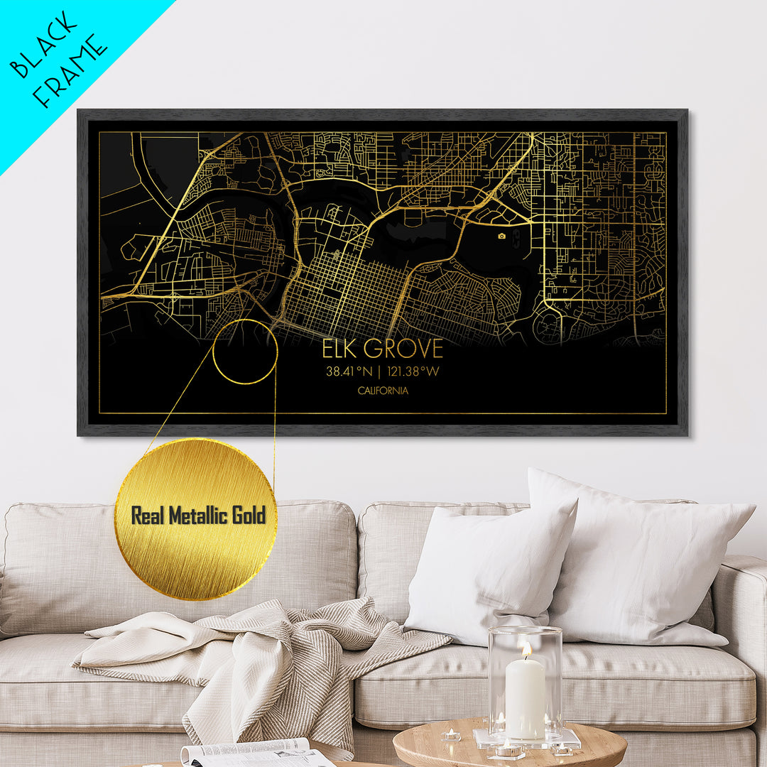 Elk Grove California City Poster, Metallic Gold Art, Metal Art, real wood frames, black and gold, Street Map Wall Art, Office Decor
