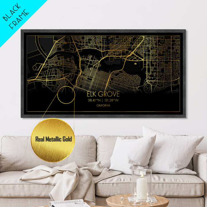Elk Grove California City Poster, Metallic Gold Art, Metal Art, real wood frames, black and gold, Street Map Wall Art, Office Decor
