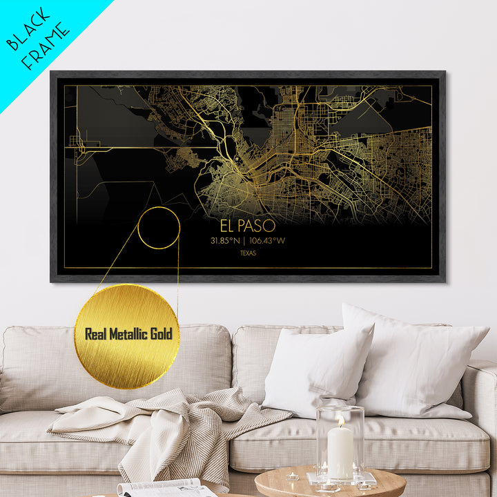 El Paso Texas City street map, Metallic Gold Print, Metal Art, wood framed map, black and gold, Street Map Art, Housewarming Gift