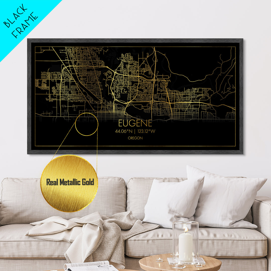 Eugene Oregon City Poster, Metallic Gold Art, Metal Art, real wood frames, black and gold, Travel Poster, Street Map Wall Art, Real Wood Frames
