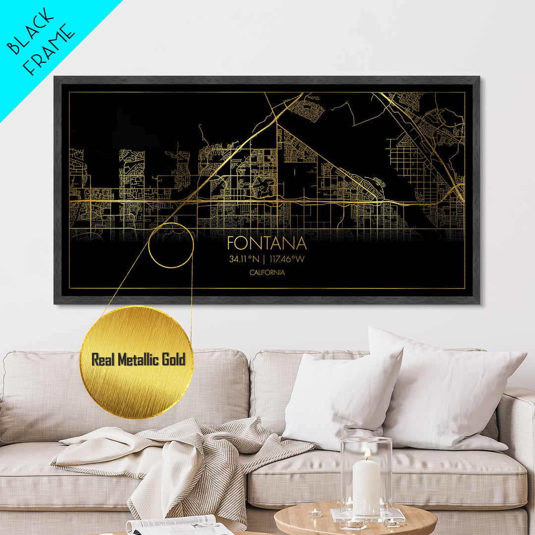 Fontana California City Poster, Metallic Gold Art, Metal Art, real wood frames, black and gold, Street Map Wall Art, Gold Street Map Art