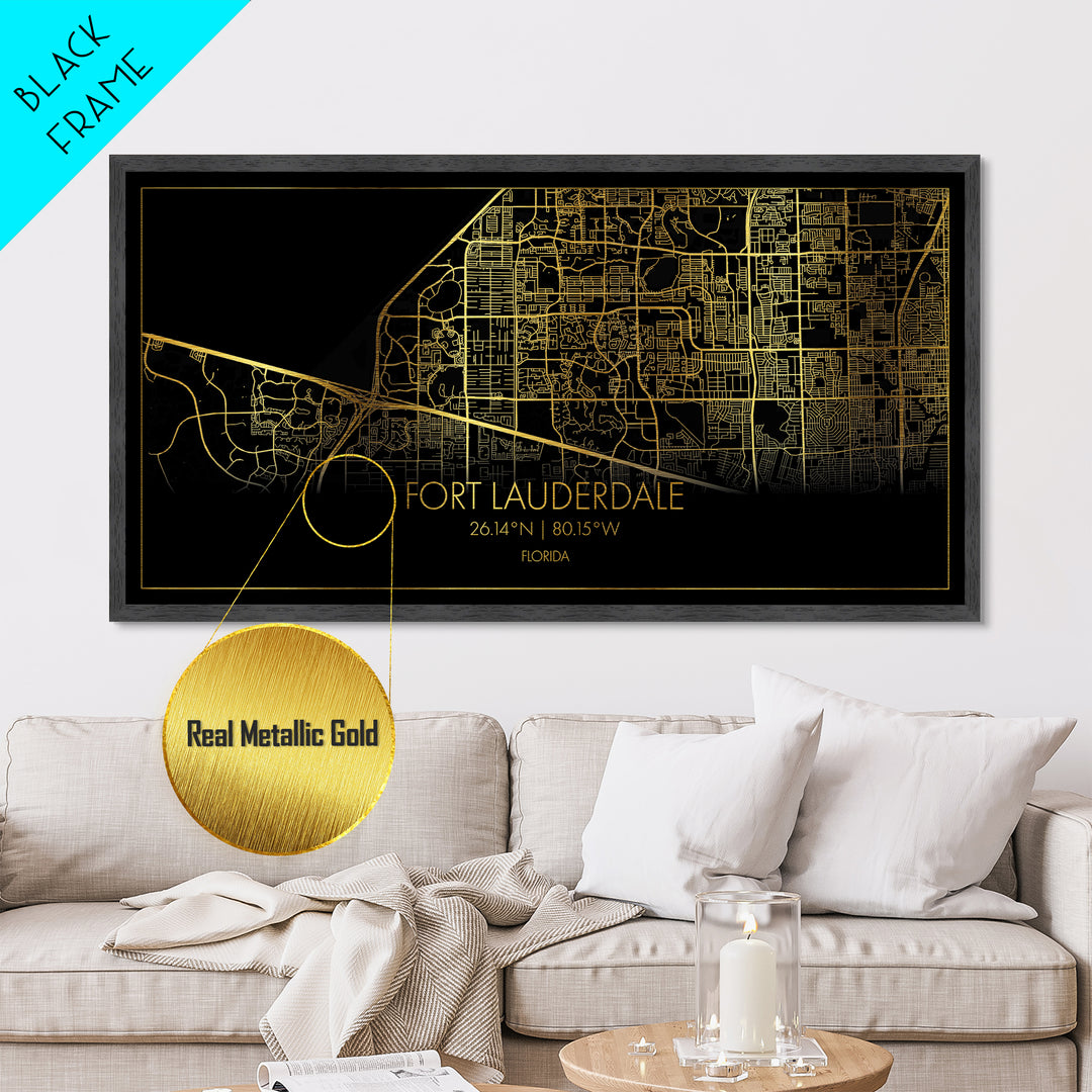 Fort Lauderdale Florida City street map, Metallic Gold Print, Metal Art, wood framed map, black and gold, Street Map Art, Housewarming Gift