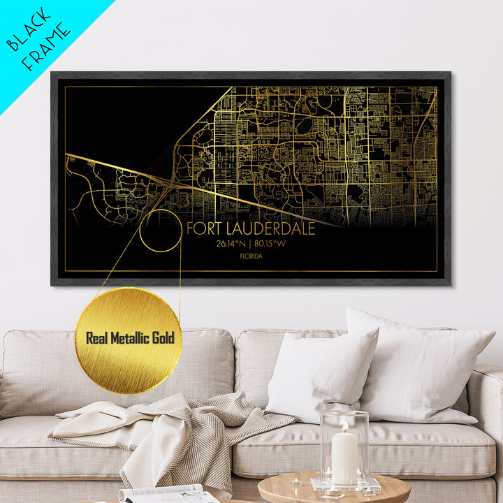 Fort Lauderdale Florida City street map, Metallic Gold Print, Metal Art, wood framed map, black and gold, Street Map Art, Housewarming Gift