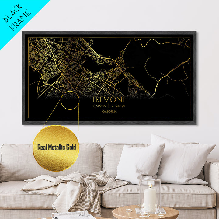 Fremont California City Poster, Metallic Gold Art, Metal Art, real wood frames, black and gold, Street Map Wall Art, Best Friend Gifts