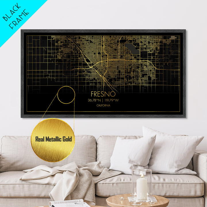 Fresno California City street map, Metallic Gold Print, Metal Art, wood framed map, black and gold, Street Map Art, Map Print Poster