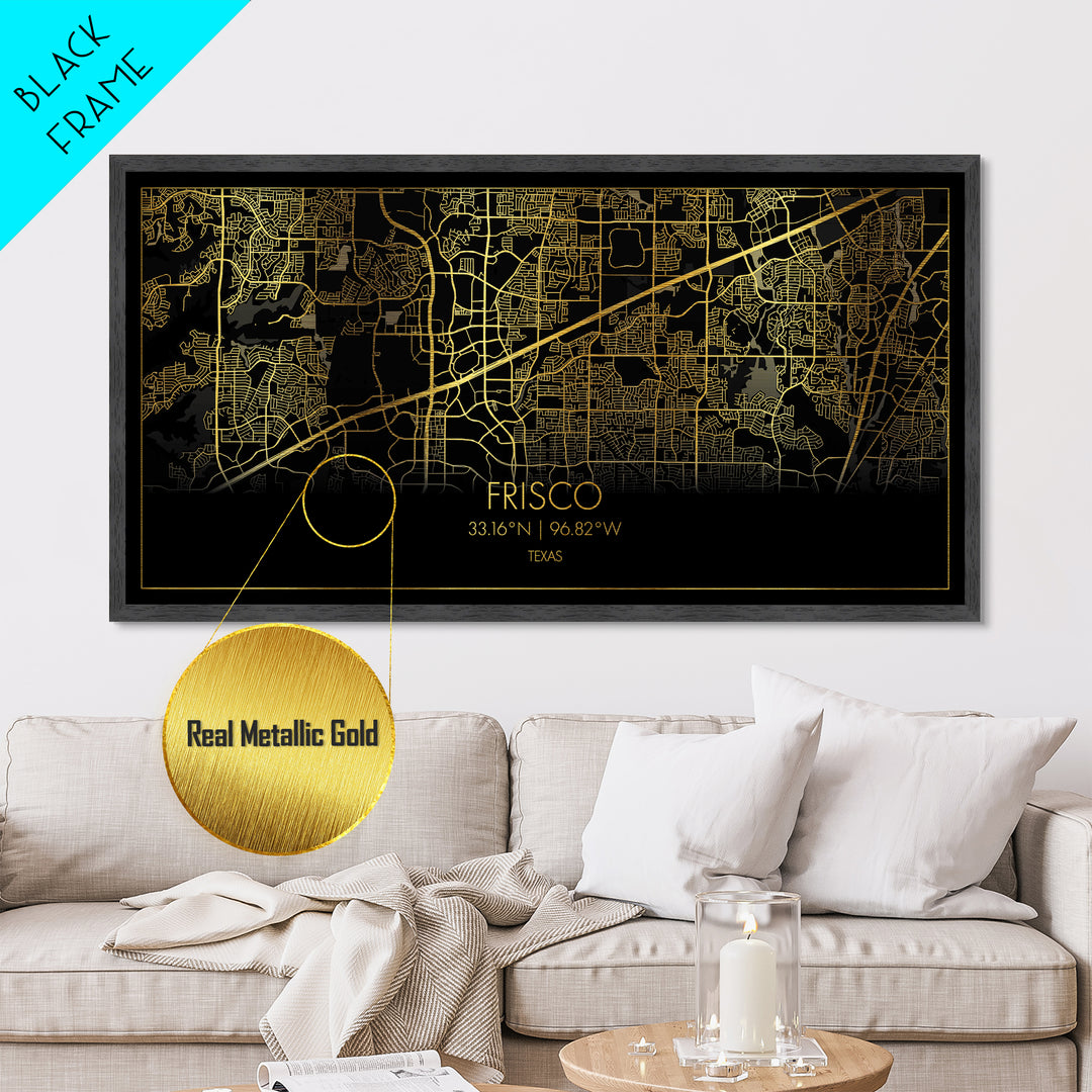 Frisco Texas City Poster, Metallic Gold Art, Metal Art, real wood frames, black and gold, Street Map Wall Art, College Dorm Décor, Office Decor