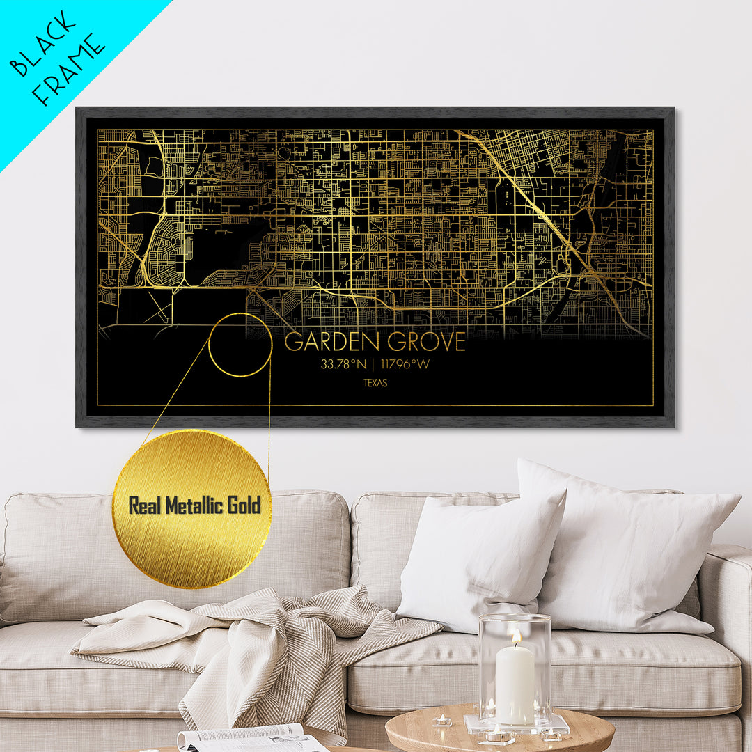 Garden Grove California City street map, Metallic Gold Print, Metal Art, wood framed map, black and gold, Street Map Art, Gold Street Map Art