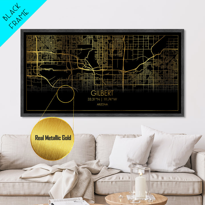 Gilbert Arizona City street map, Metallic Gold Print, Metal Art, wood framed map, black and gold, Street Map Art, Housewarming Gift, Map Art