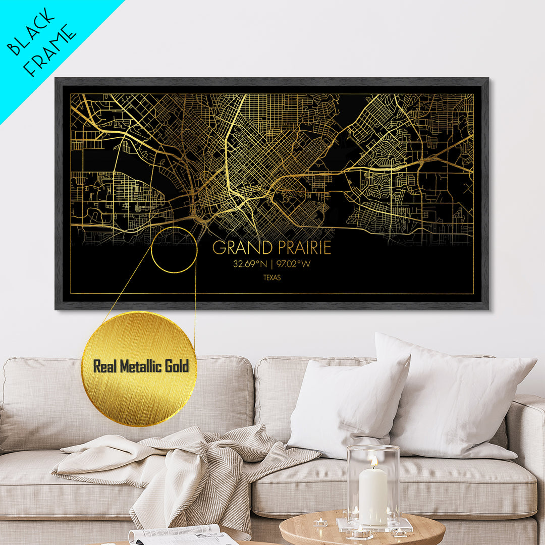 Grand Prairie Texas City Poster, Metallic Gold Art, Metal Art, real wood frames, black and gold, Street Map Wall Art, Map Art