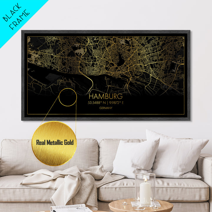 Hamburg Germany City street map, Metallic Gold Print, Metal Art, wood framed map, black and gold, Street Map Art, Travel Poster