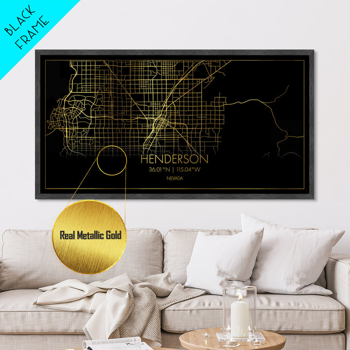 Henderson Nevada City street map, Metallic Gold Print, Metal Art, wood framed map, black and gold, Street Map Art, Housewarming Gift
