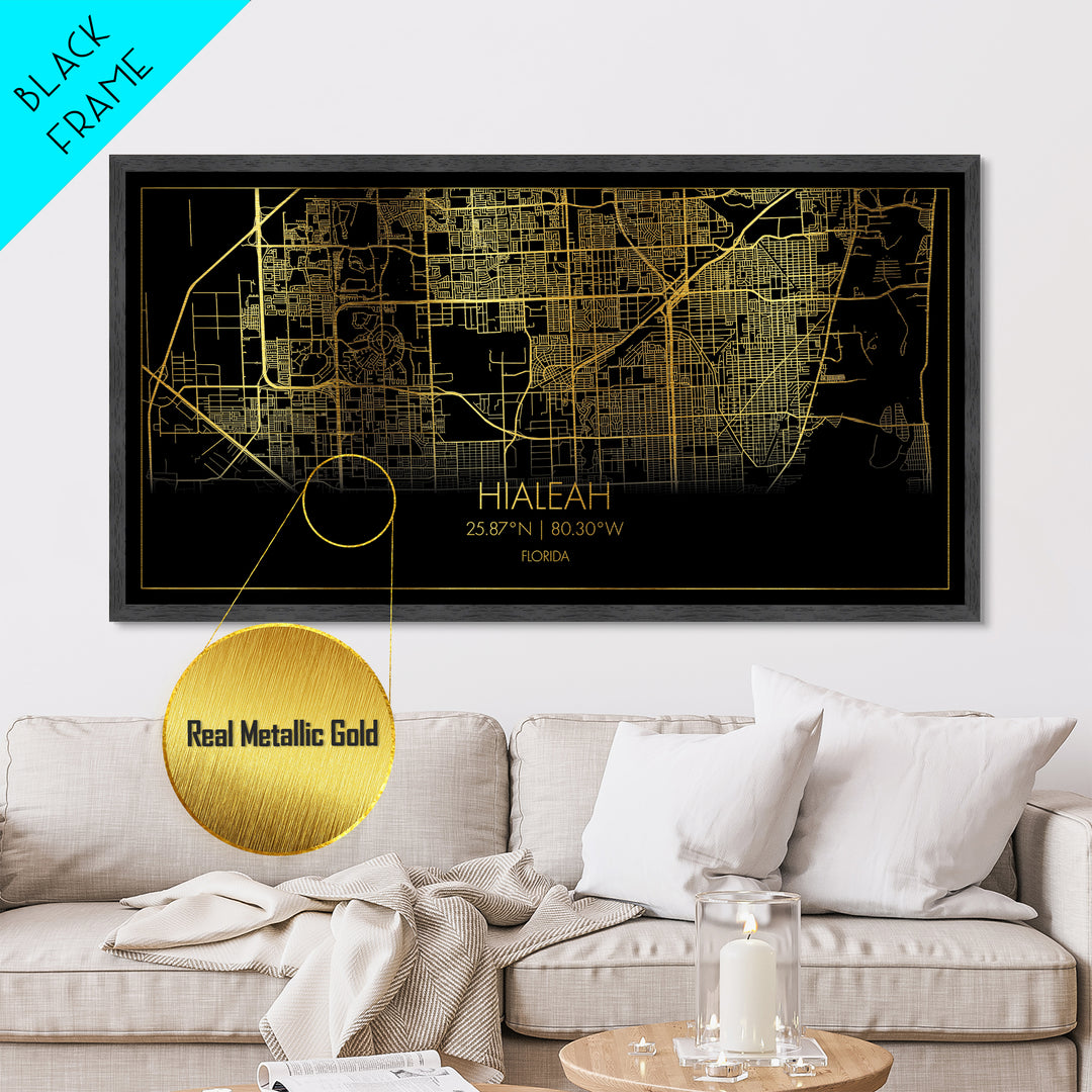 Hialeah Florida City Poster, Metallic Gold Art, Metal Art, real wood frames, black and gold, Street Map Wall Art, Map Print Poster