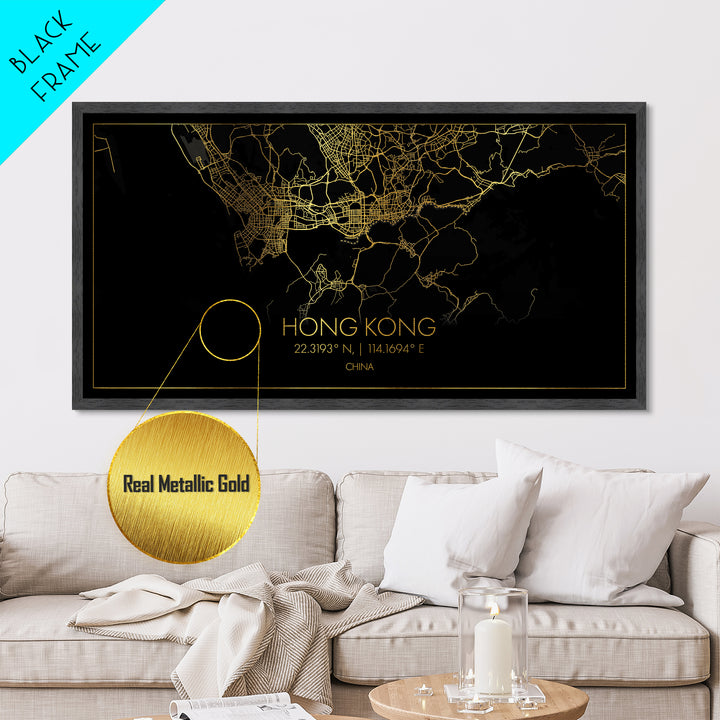 Hong Kong China City street map, Metallic Gold Print, Metal Art, wood framed map, black and gold, Street Map Art, College Dorm Décor